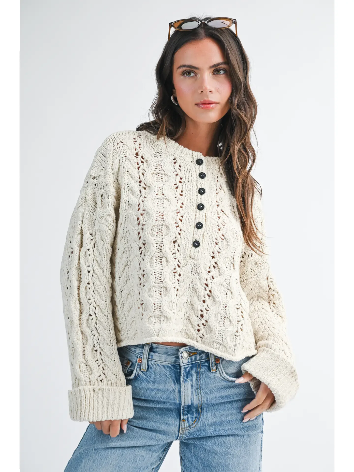 Textured Cropped Henley Knit Sweater