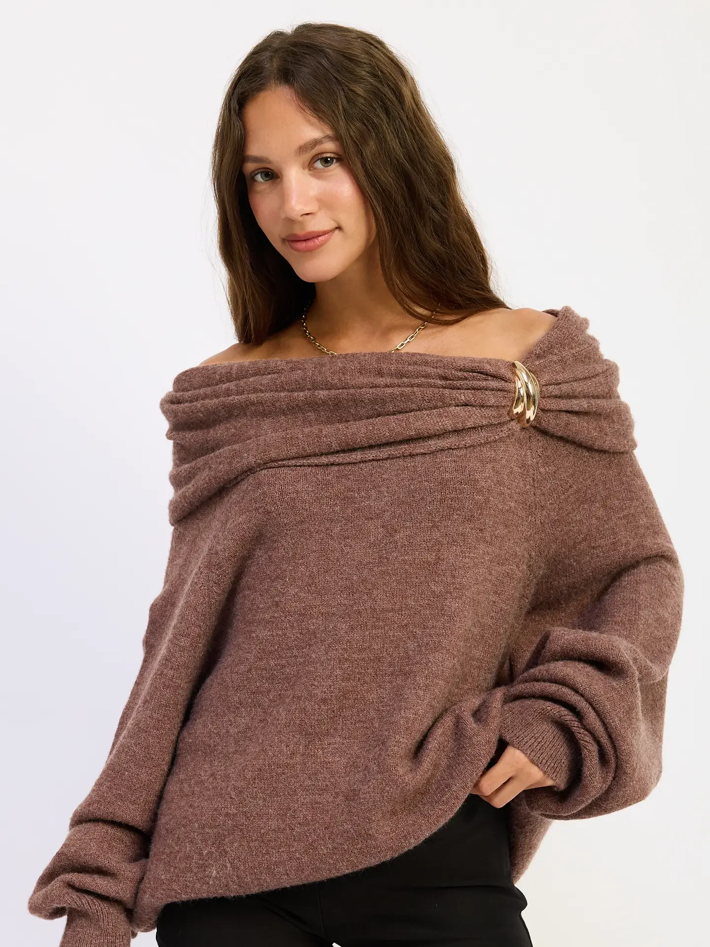 Off Shoulder Bubble Sweater with Hardware Detail