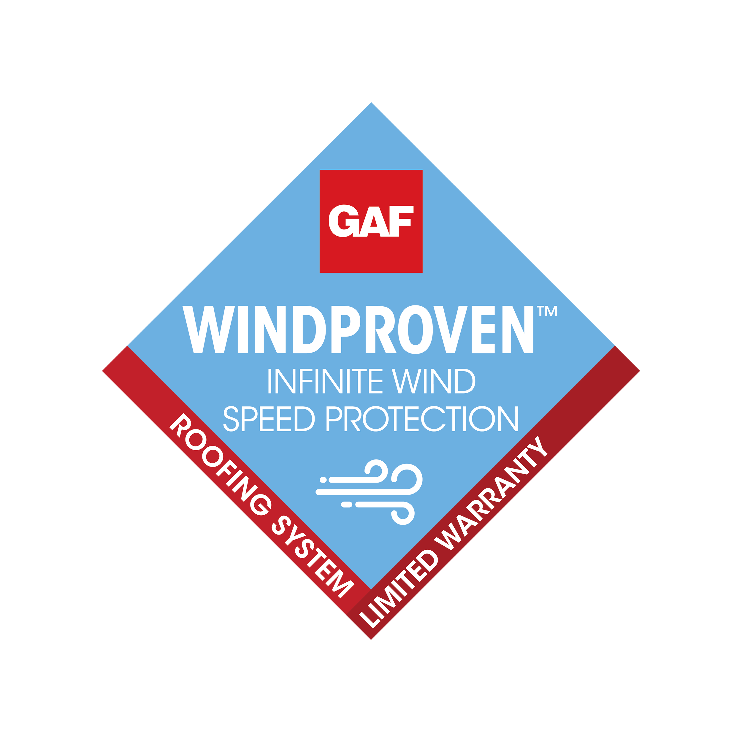 GAF WindProven roofing system label with blue diamond shape, white and red text, and wind symbol, indicating limited warranty and infinite wind speed protection.