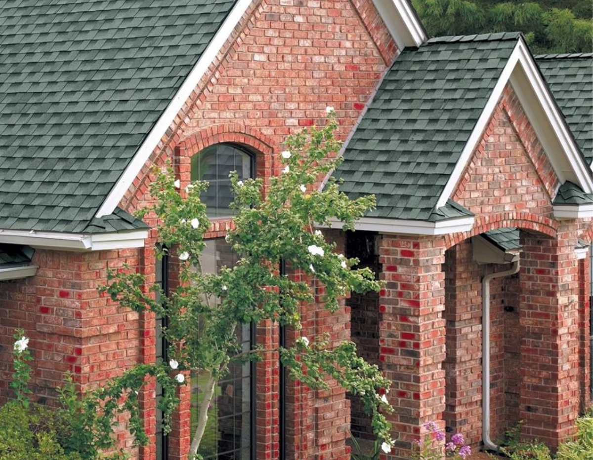 Close-up of a brick house with green shingle roof, arched window, and a small tree with white flowers in front.