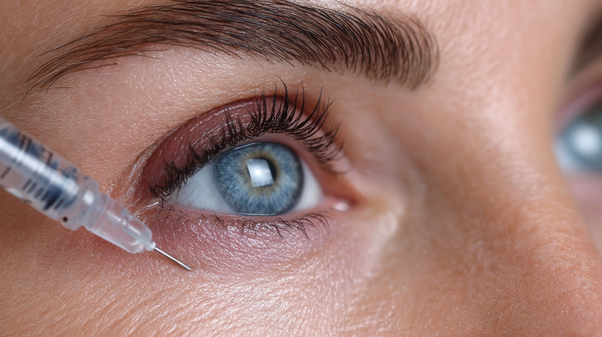 Close-up of a person with blue eyes receiving an eye injection from a healthcare professional.