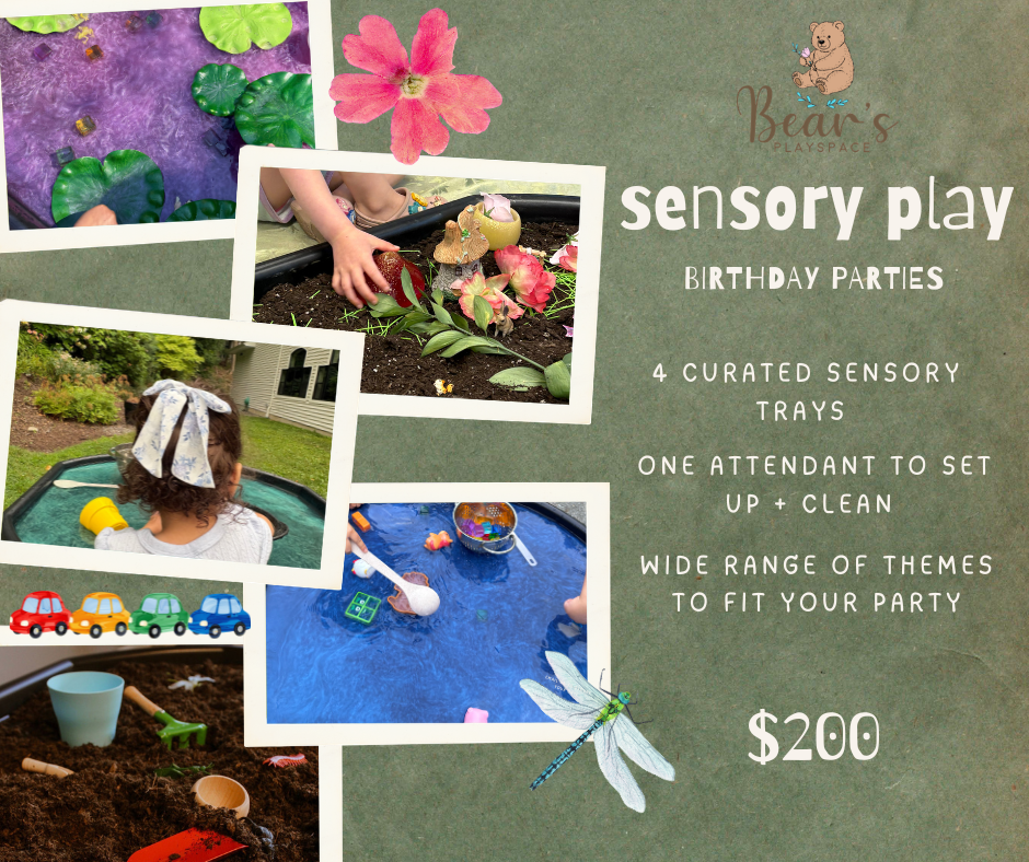 Advertisement for Bear's Play Space's sensory play birthday parties, featuring four sensory trays, one attendant, and themed options, priced at $200.