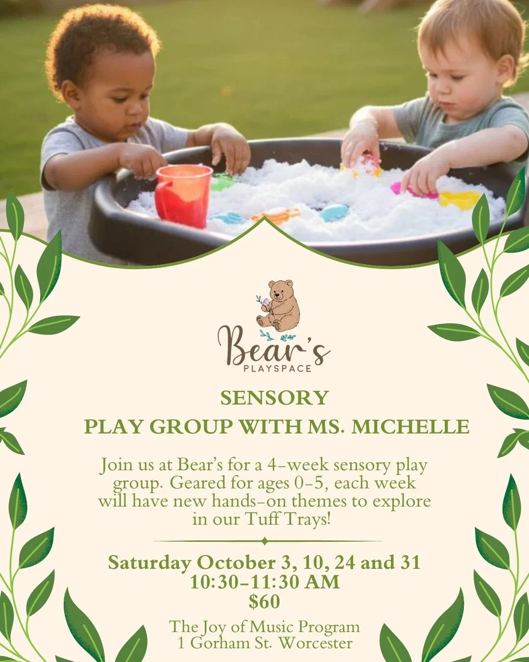 Two young children playing with sensory toys in a sand table outdoors during golden hour, with a promotional poster for Bear's Play Space sensory play group with Ms. Michelle below.