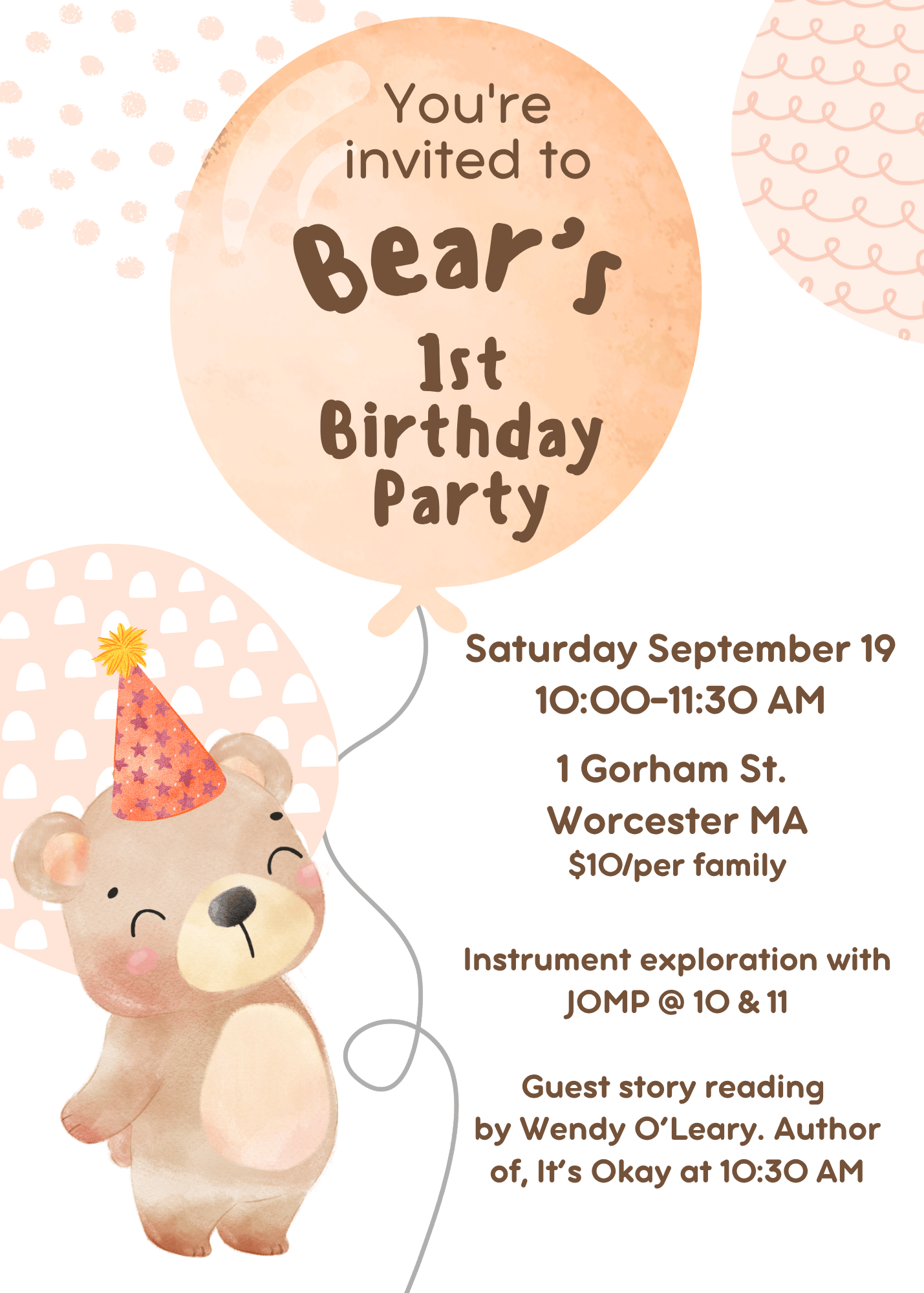 Invitation to a bear-themed first birthday party featuring a cute bear character wearing a party hat, holding a balloon with event details including date, time, location, and activities such as instrument exploration and guest story reading.