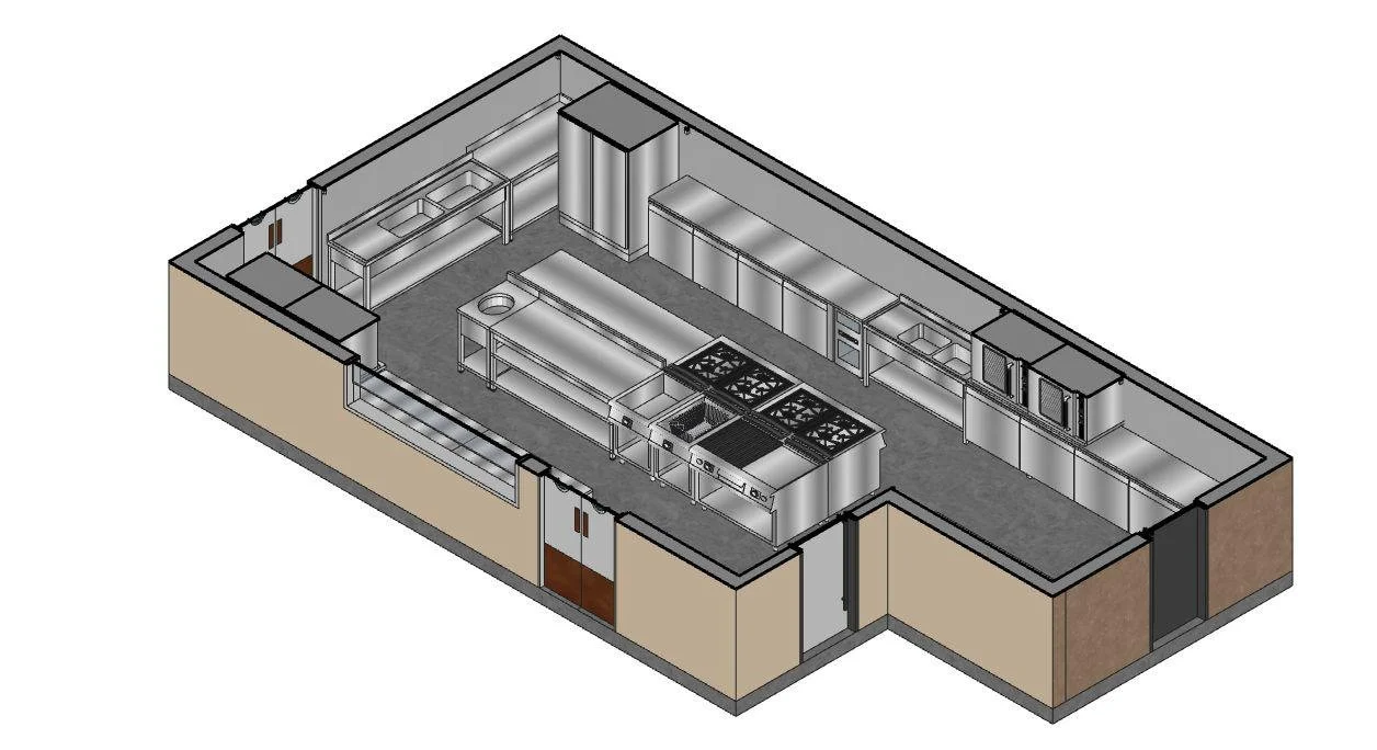 Renderização em 3D de uma cozinha comercial com eletrodomésticos de aço inoxidável, bancadas e armários.