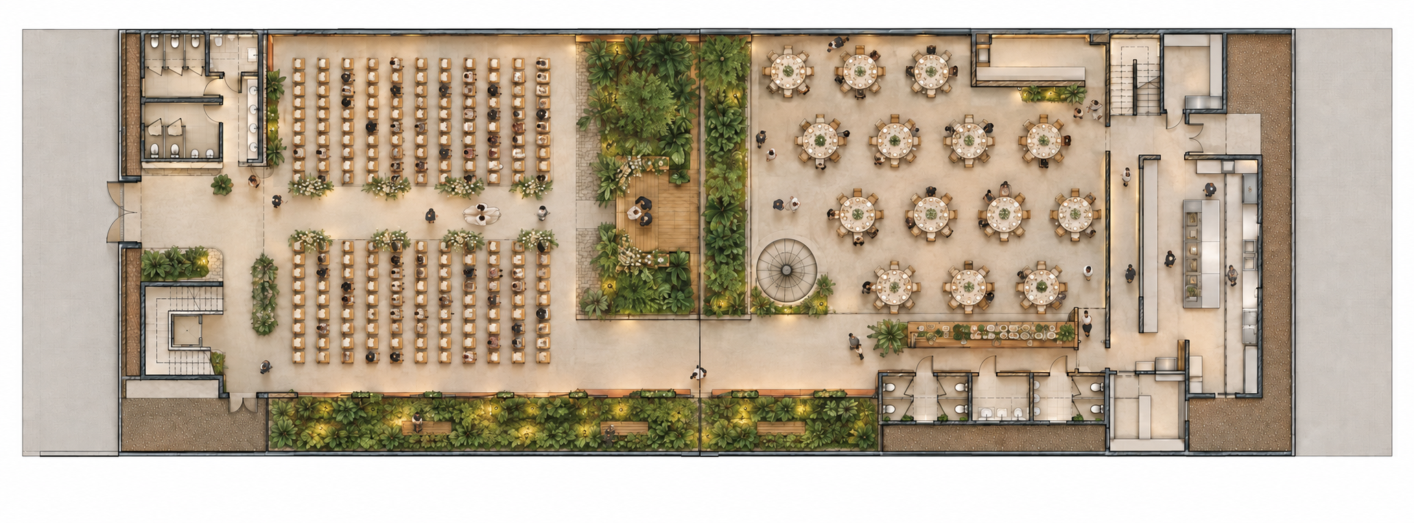 Uma planta baixa detalhada de um salão de banquetes e espaço de eventos ao ar livre. A planta baixa inclui áreas com mesas redondas, um palco, um bar, banheiros e um jardim exuberante com assentos.