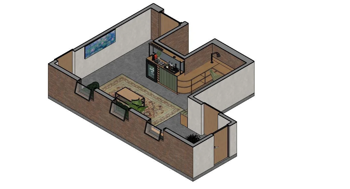 Layout em 3D de um apartamento pequeno com área de estar, cozinha e uma escada em caracol que leva a um mezanino ou andar superior.