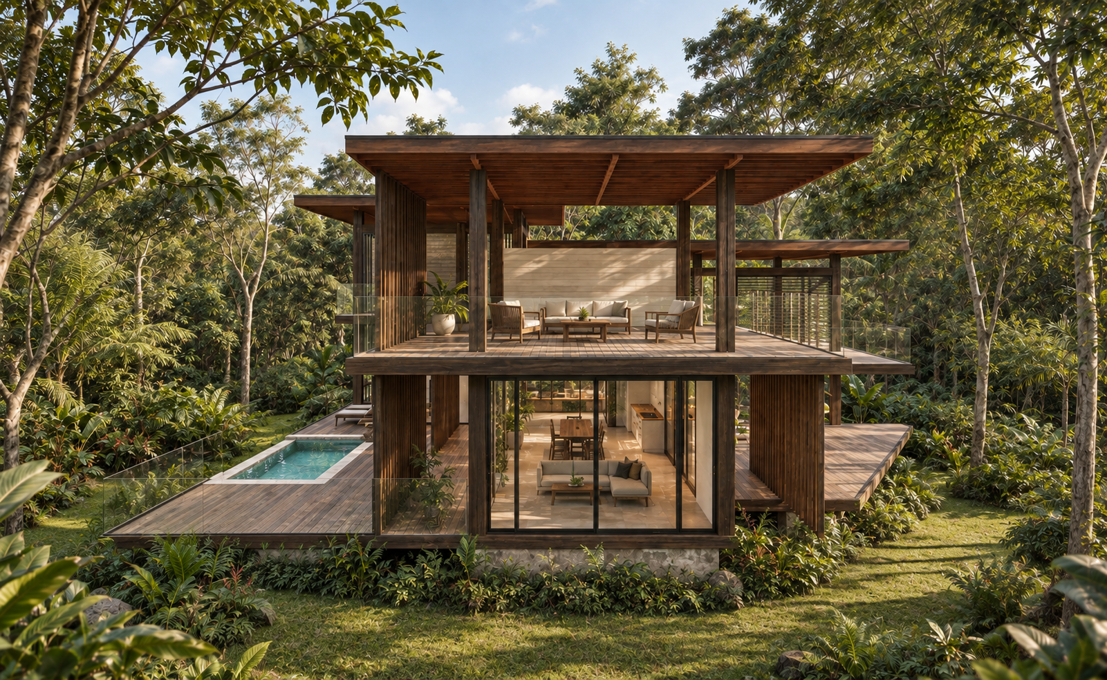 Modern multi-level house surrounded by lush green trees with expansive outdoor decks, large glass windows, and a small infinity pool.