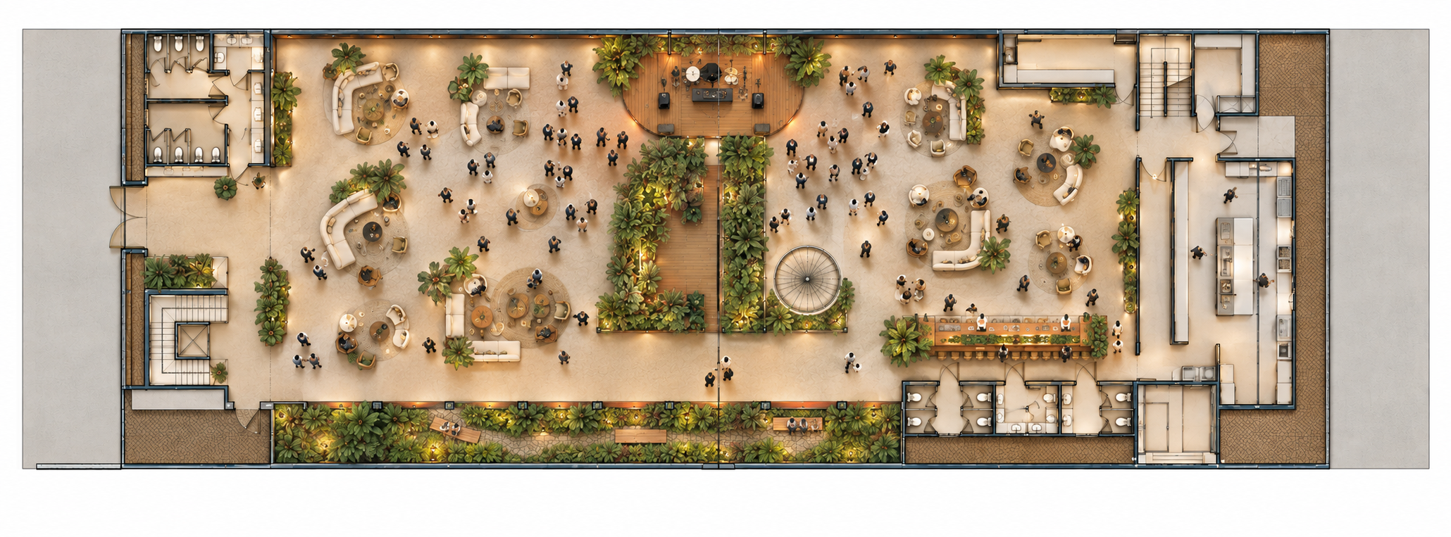 Vista de cima de um grande lounge interno e área de bar cheios de pessoas. O espaço apresenta arranjos de assentos, vegetação, um palco com instrumentos musicais, uma escada caracol e instalações sanitárias.
