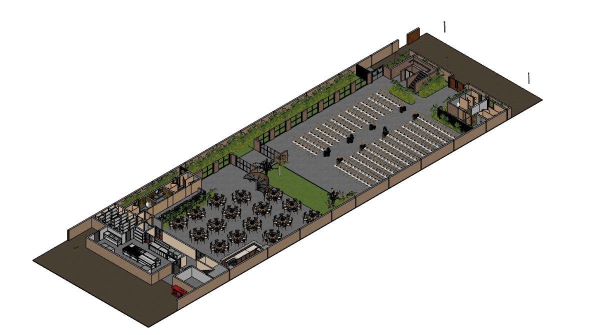Planta baixa em 3D de um grande espaço para eventos ao ar livre com áreas de estar, um palco e um bar.