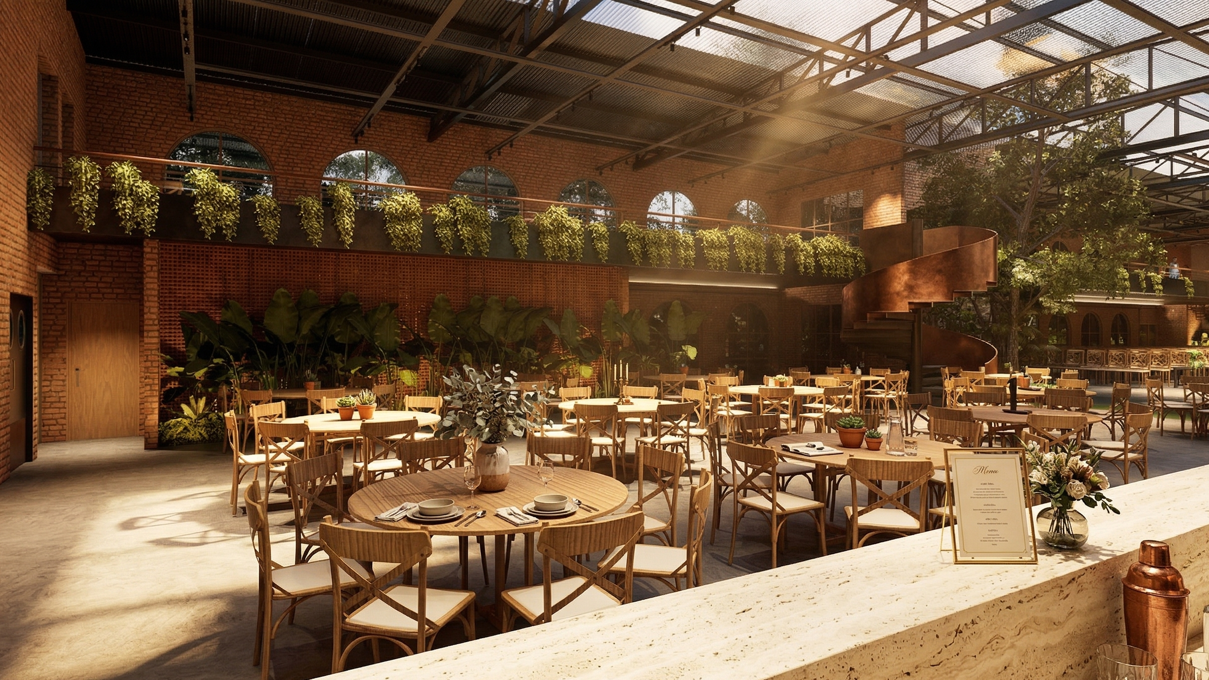 Restaurante interno iluminado pelo sol com mesas e cadeiras de madeira, vegetação exuberante, paredes de tijolos, grandes janelas em arco e uma escada em caracol.