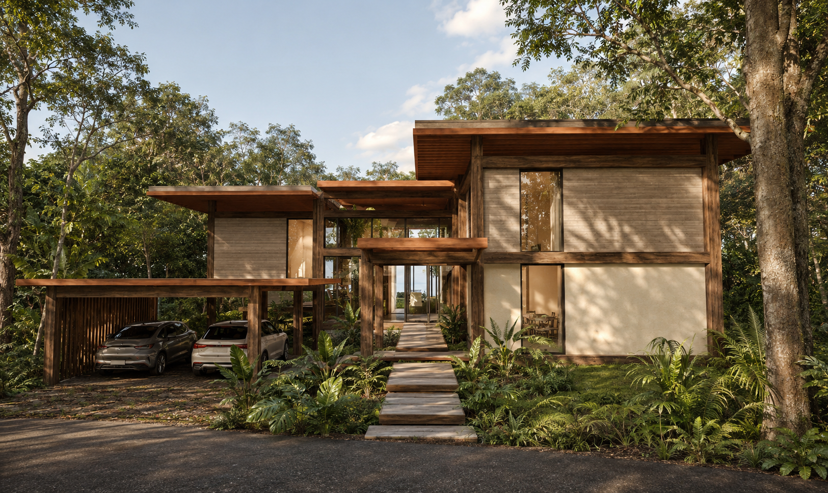 Modern house with wooden and concrete exterior, surrounded by lush greenery, and a carport with two cars parked underneath.