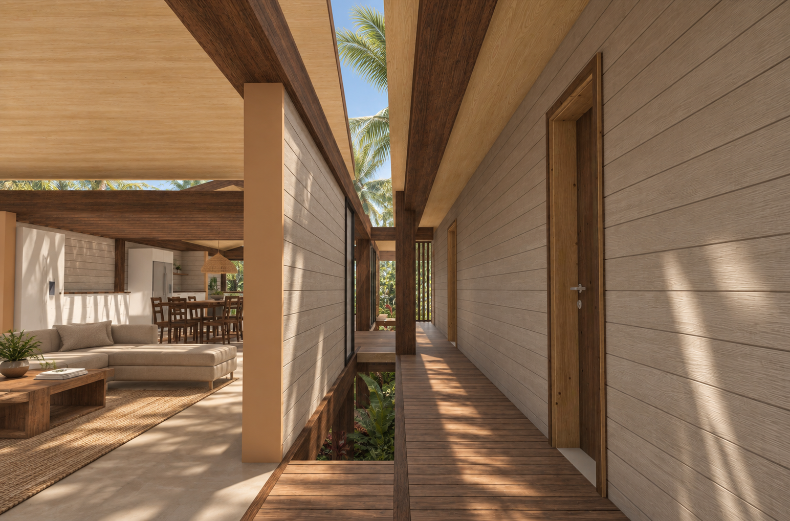 Um espaço de convivência moderno entre interior e exterior com um corredor de madeira que leva a uma sala de estar aberta com área de estar, mesa de jantar e plantas tropicais do lado de fora.