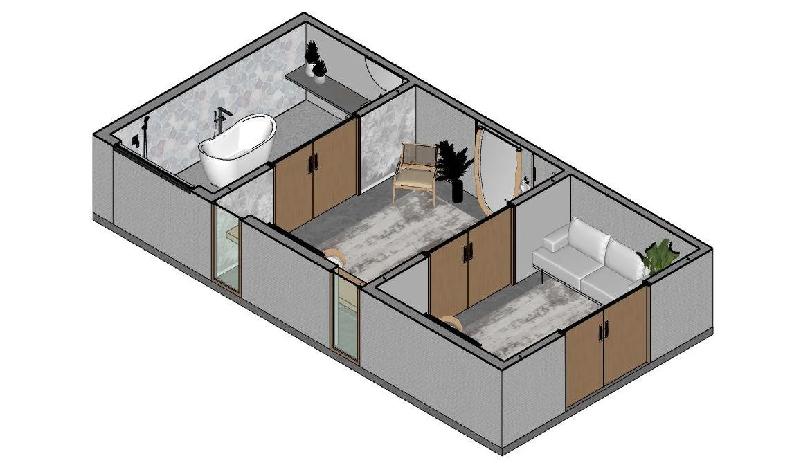 Planta baixa em 3D de um espaço de convivência pequeno com banheiro, área de estar e quarto, apresentando móveis, plantas e decoração.