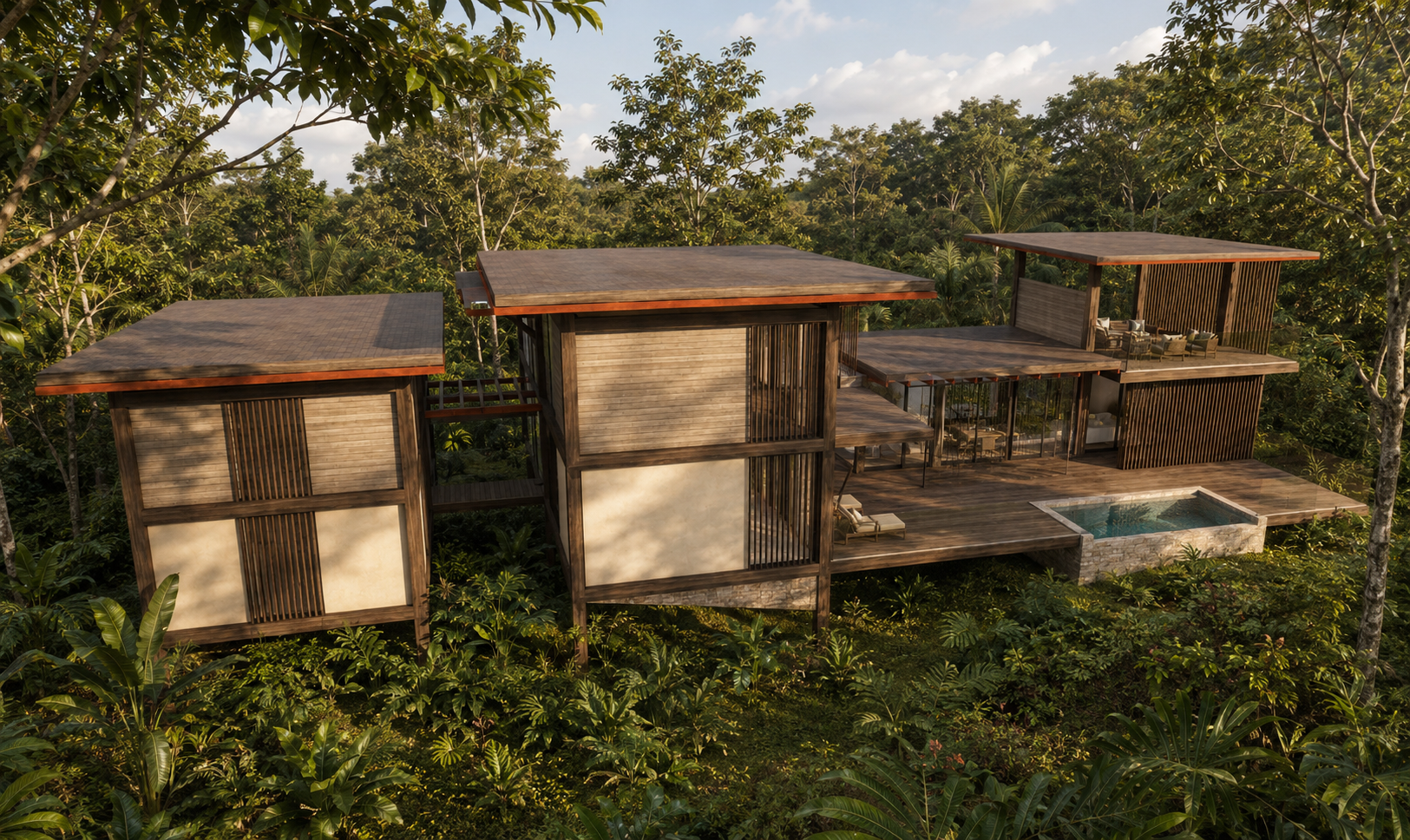 A modern multi-story house with wooden and glass walls, featuring outdoor decks, a small private pool, and surrounded by lush tropical trees.