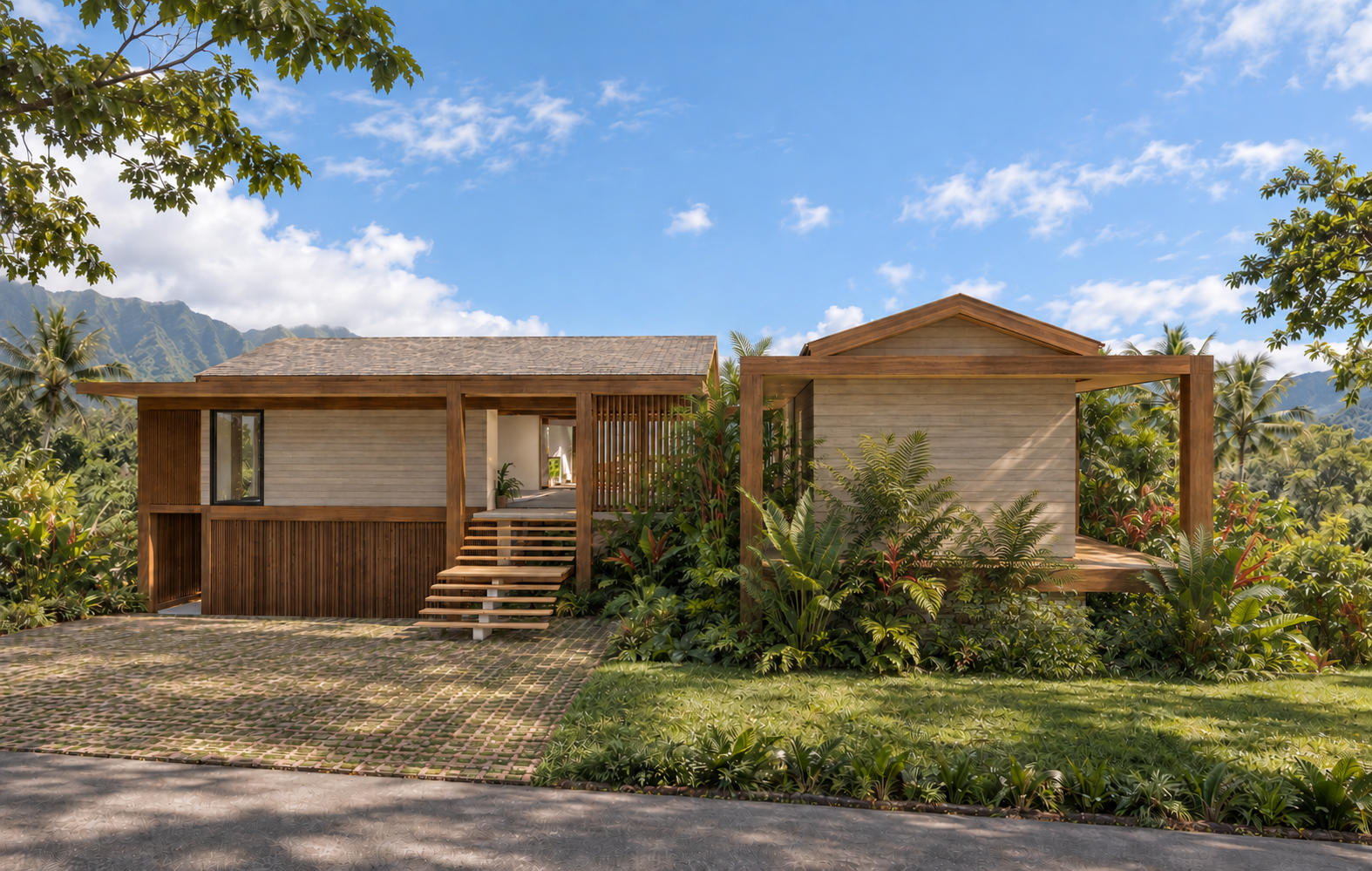 Casa moderna com exterior de madeira e degraus que levam à entrada, cercada por plantas tropicais exuberantes e árvores, com montanhas e céu parcialmente nublado ao fundo.