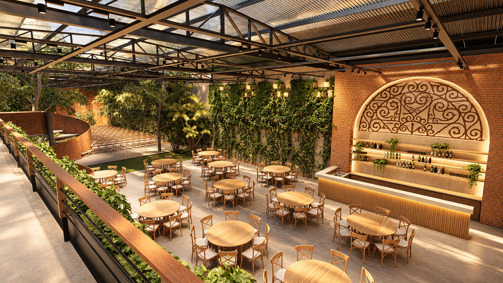Um restaurante interno espaçoso com laterais abertas, mesas redondas de madeira com cadeiras, uma parede de jardim vertical verde, um bar com ferro forjado decorativo e teto inclinado com vigas de metal e painéis de vidro.