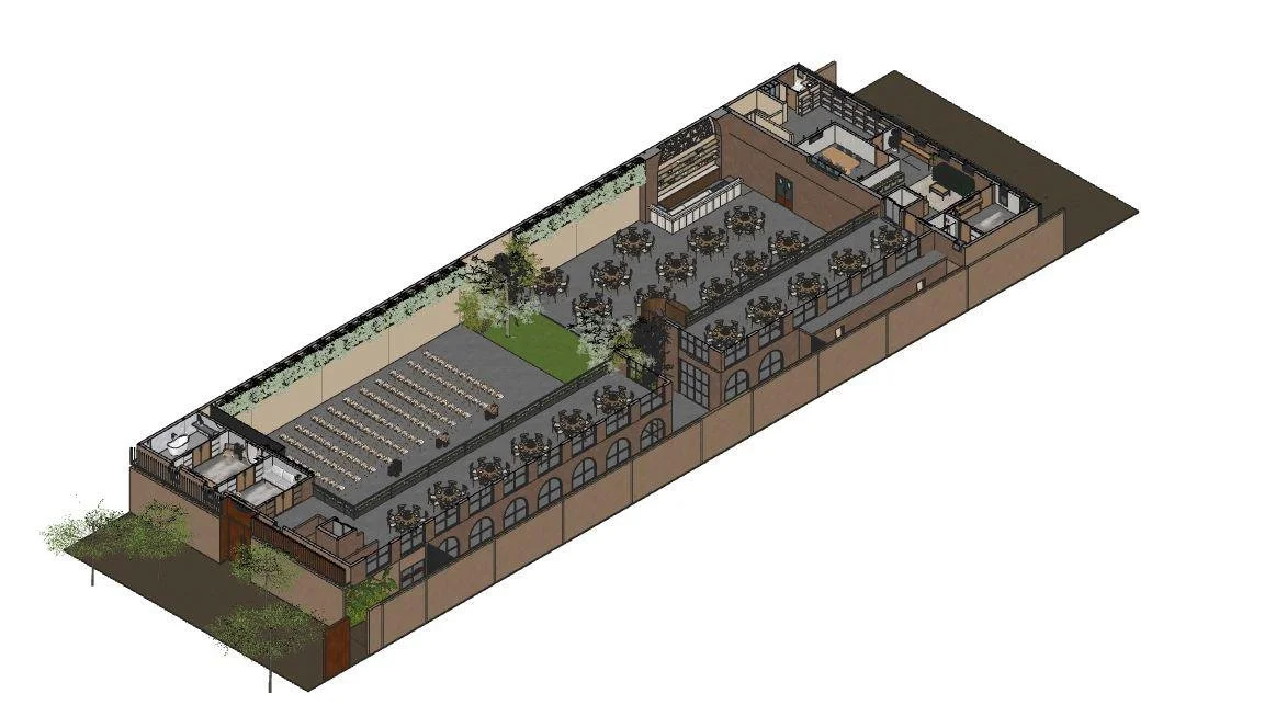 Renderização em 3D do layout de um restaurante com área de jantar, pátio externo e espaço de jardim.