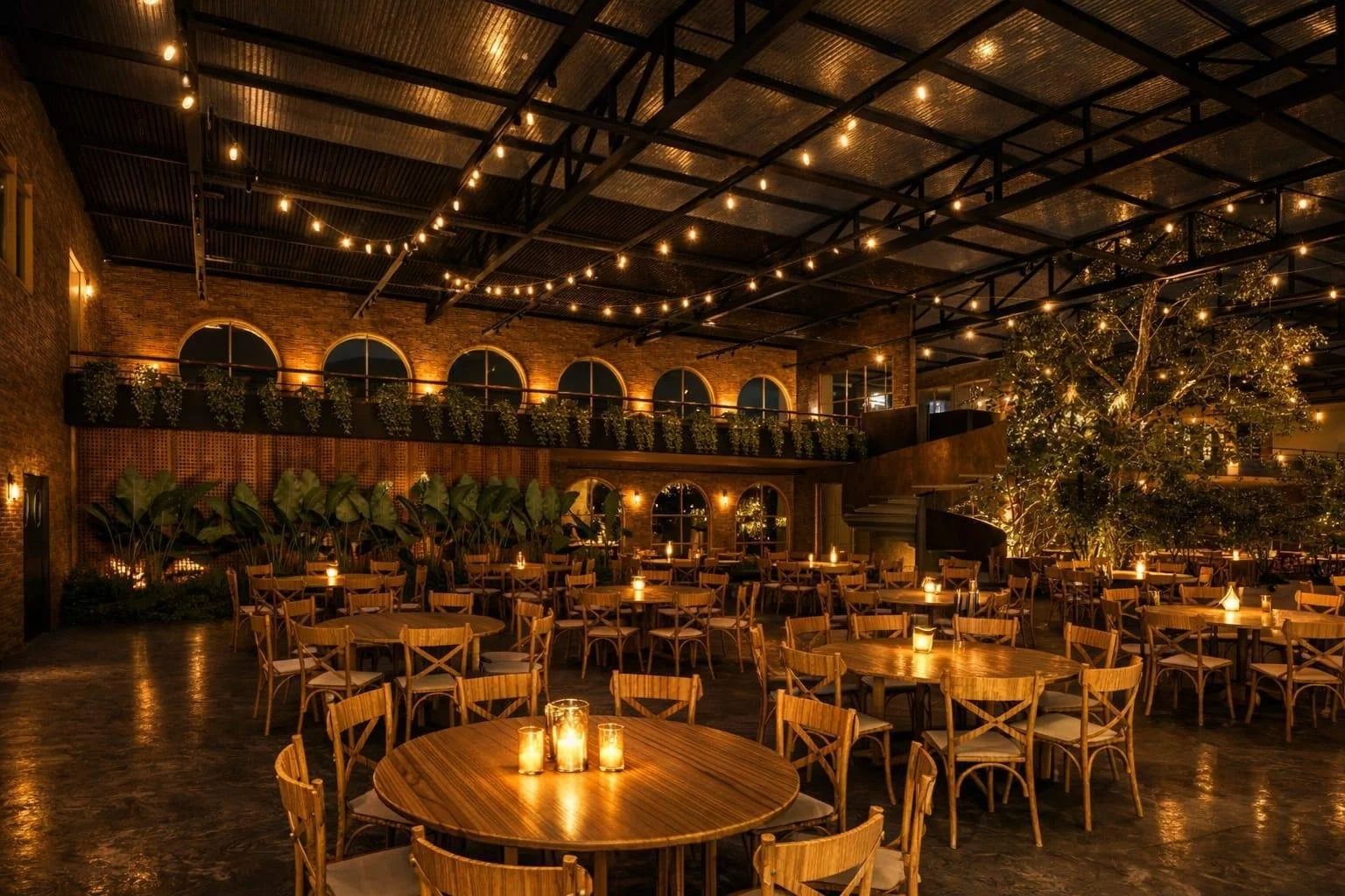 Restaurante interno elegante decorado com cordas de luzes, velas, uma grande árvore com luzes, mesas e cadeiras de madeira, paredes de tijolos e uma varanda com plantas em vasos.