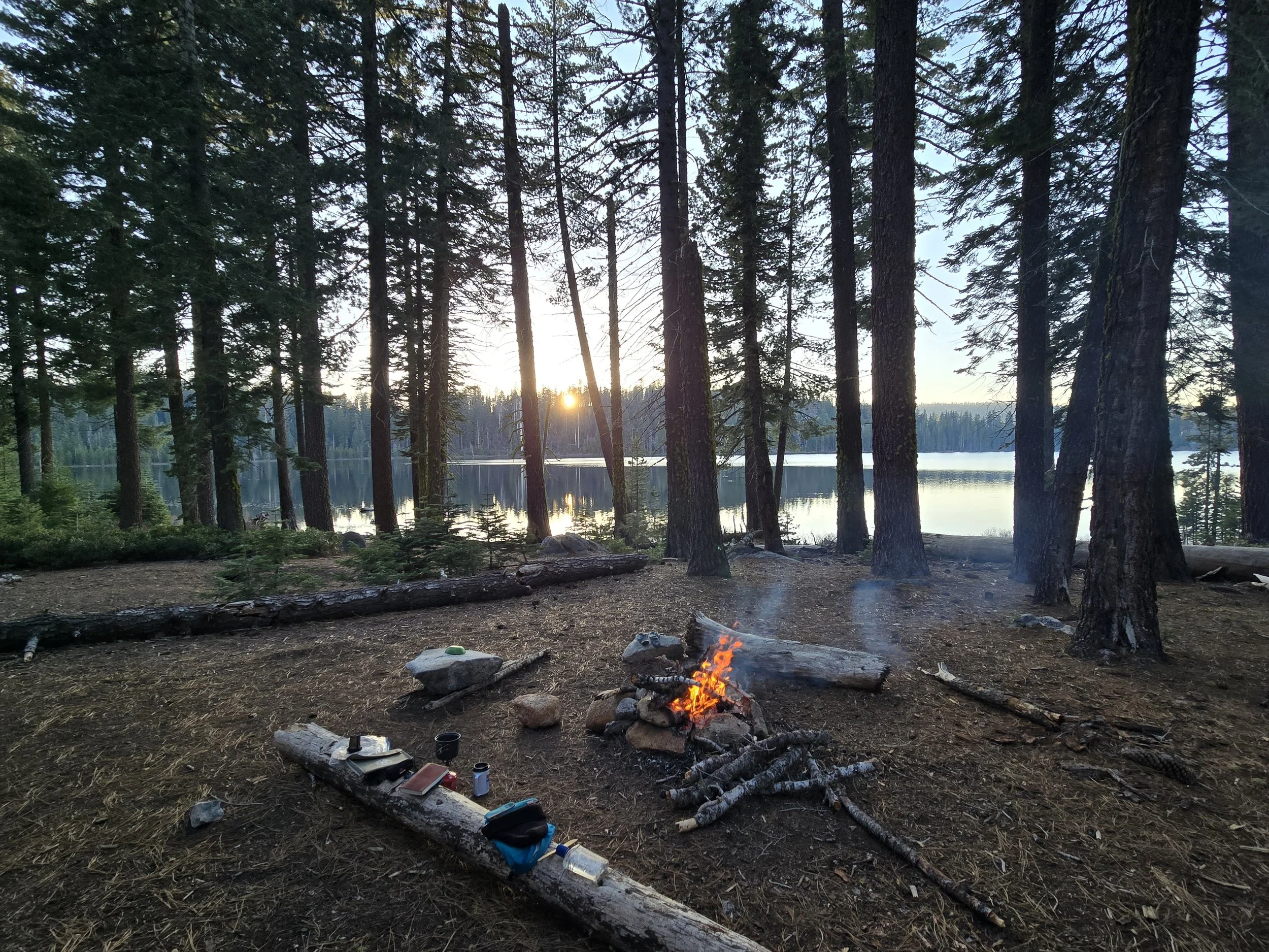 A campfire beside Laurel Lake