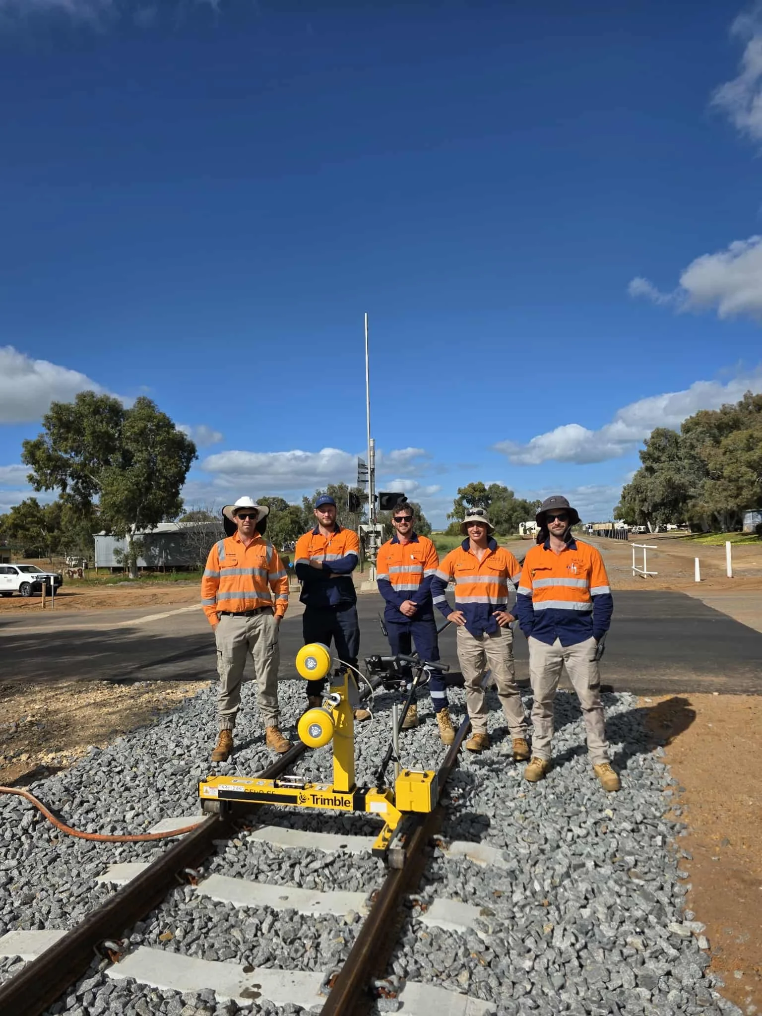 Five workers in orange and navy uniforms standing on a gravel train track with a surveying instrument in front of them. They are outdoors under a blue sky with clouds, surrounded by trees and construction area.