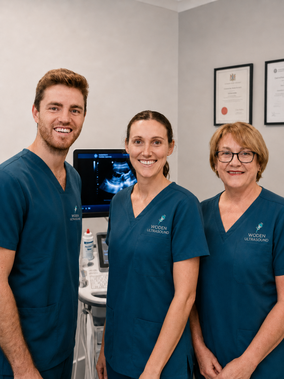 Three healthcare professionals wearing blue scrubs with WODEN ULTRASOUND logos, standing in front of ultrasound equipment, smiling at the camera.