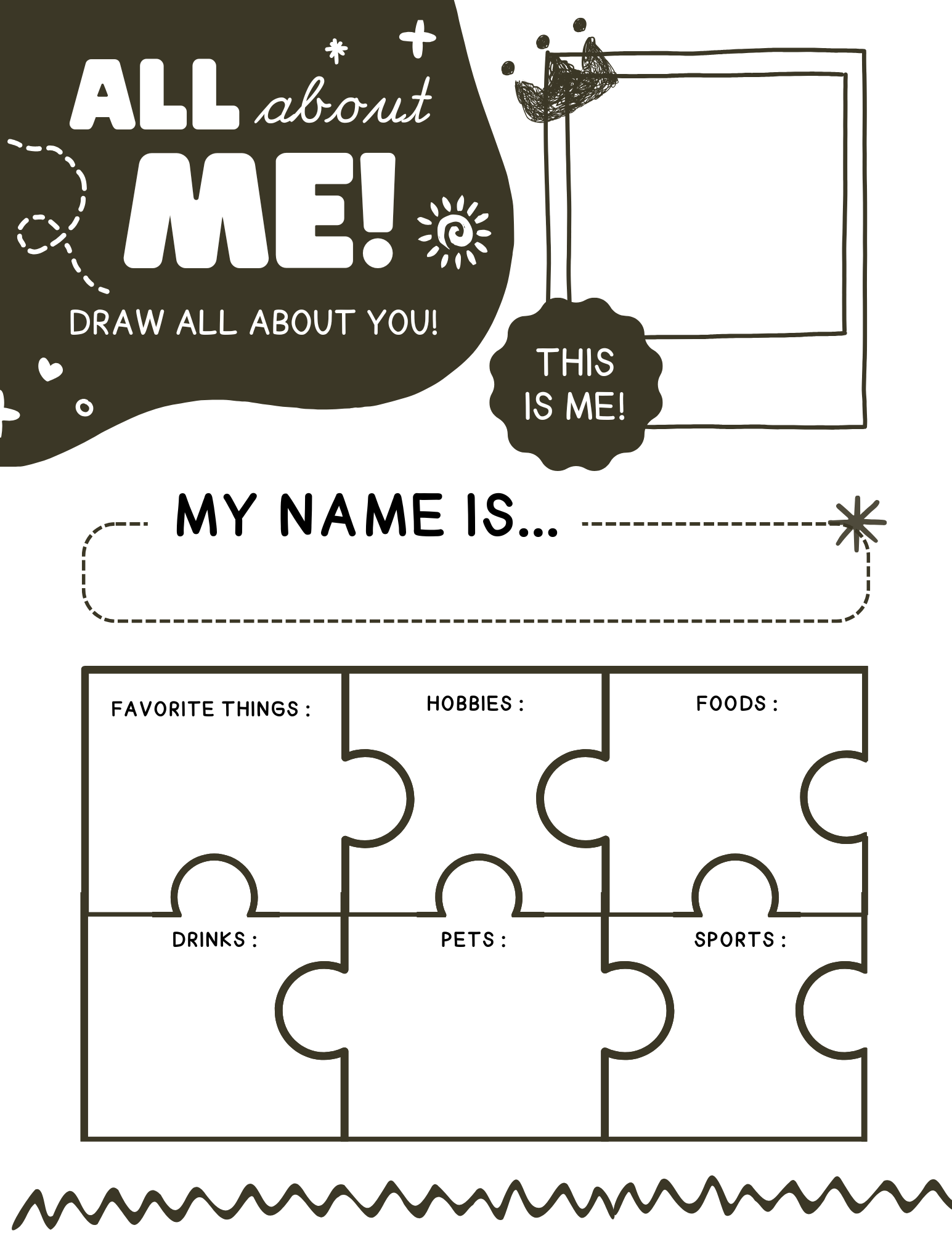 A black and white activity sheet titled 'All about Me!'. It features a blank space for a photo, a section for the person's name, and puzzle pieces labeled 'Favorite Things,' 'Hobbies,' 'Foods,' 'Drinks,' 'Pets,' and 'Sports' for personality details.