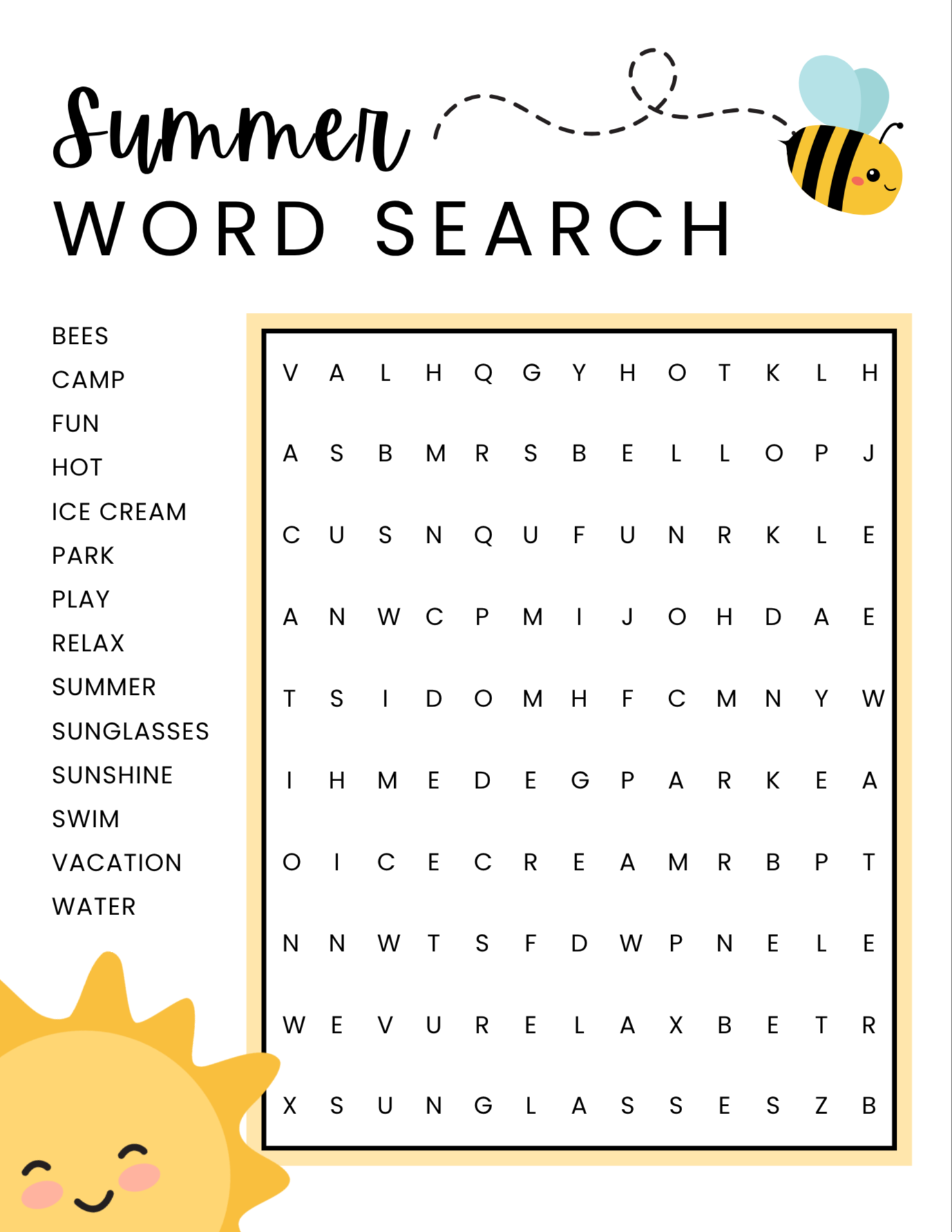 Summer themed word search puzzle with a bee, sun, and playful design.