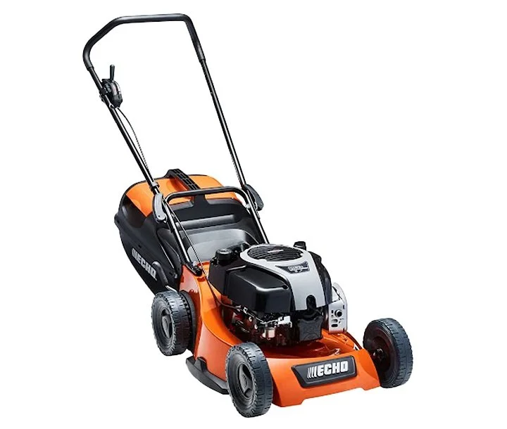 Orange and black gas-powered push lawn mower with a handle and four wheels.