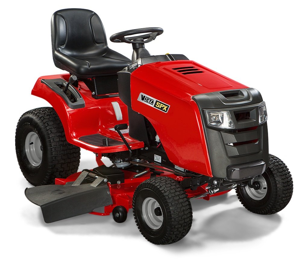 A red riding lawn mower with black seat, steering wheel, and large tires.