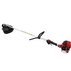 Gas-powered string trimmer with a long handle, cutting head, and motorized engine in red.