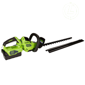 A green cordless hedge trimmer with black blades and a black handle, positioned on a white background.