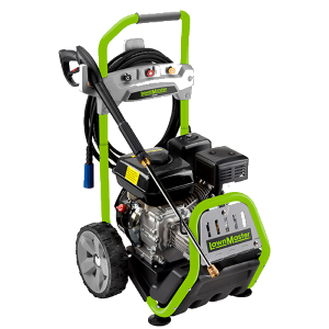 Green and black gasoline-powered pressure washer with a spray gun and hose, mounted on a wheeled frame for mobility.