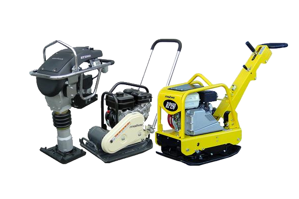 Three plates compactor machines in a row, one black, one beige, and one yellow, used for soil compaction in construction.