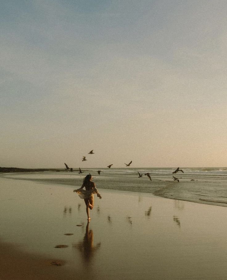 A woman running along the shore of a beach in the evening with seagulls flying in the sky and reflections on the wet sand.