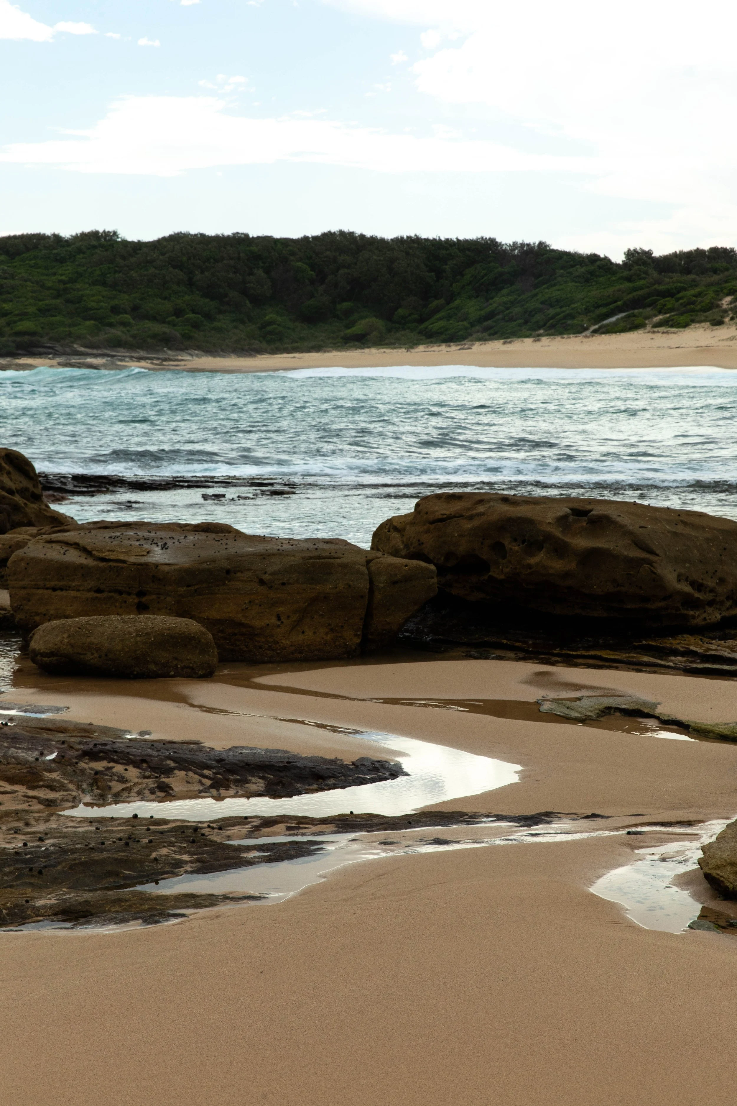 A coastal scene with sandy beach, large rocks, shallow water reflecting the sky, and a background of green trees and cloudy sky.