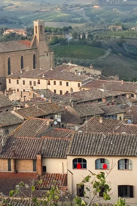 A scenic view of a European town with old buildings and tiled rooftops surrounded by green hills and vineyards, with two red shirts seen through distant windows.
