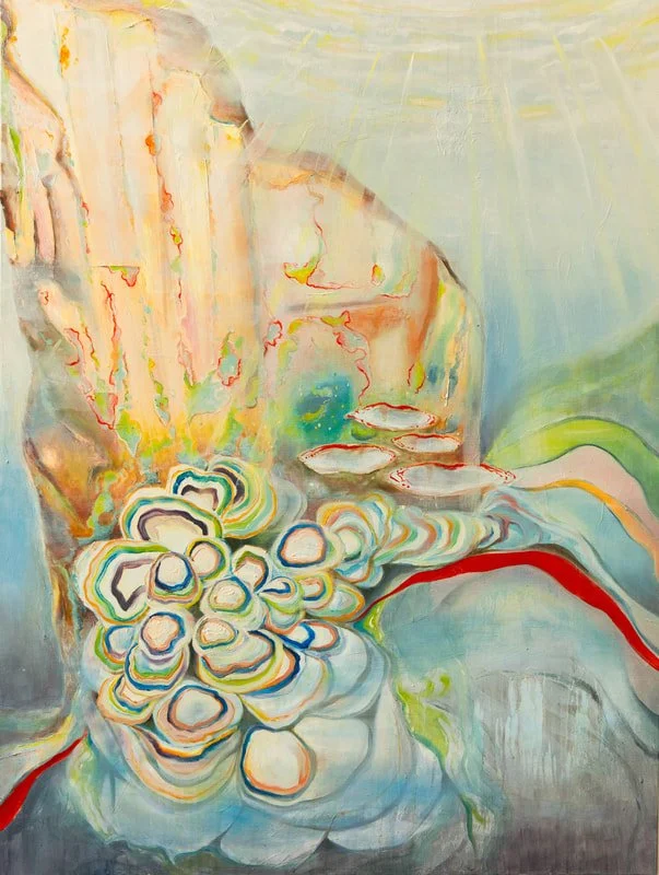 'Overworld, Underworld (Deep In The Glowing Heart)', oil and satin varnish on canvas, 122 x 91.5 x 4cm, 2025