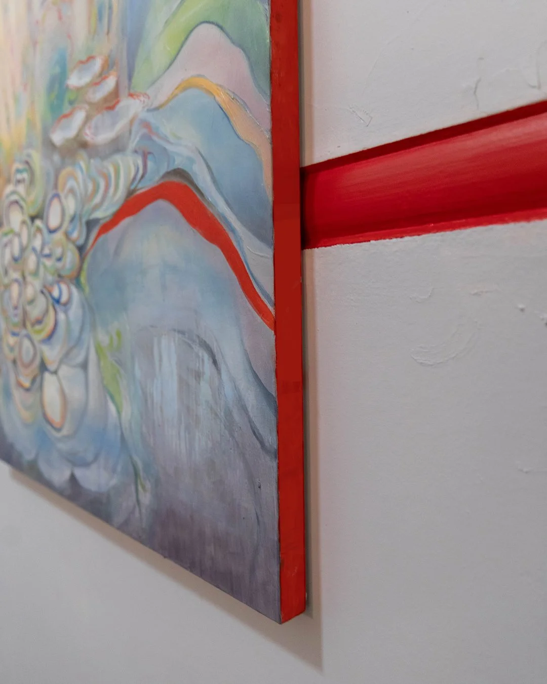 'Red Details', oil on canvas, house paint on wall, dimensions vary, 2025