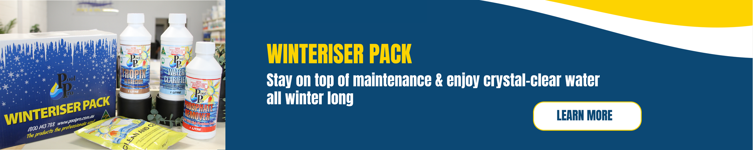 Pool Pro winteriser pack with pool maintenance products and promotional text about keeping water clean during winter.