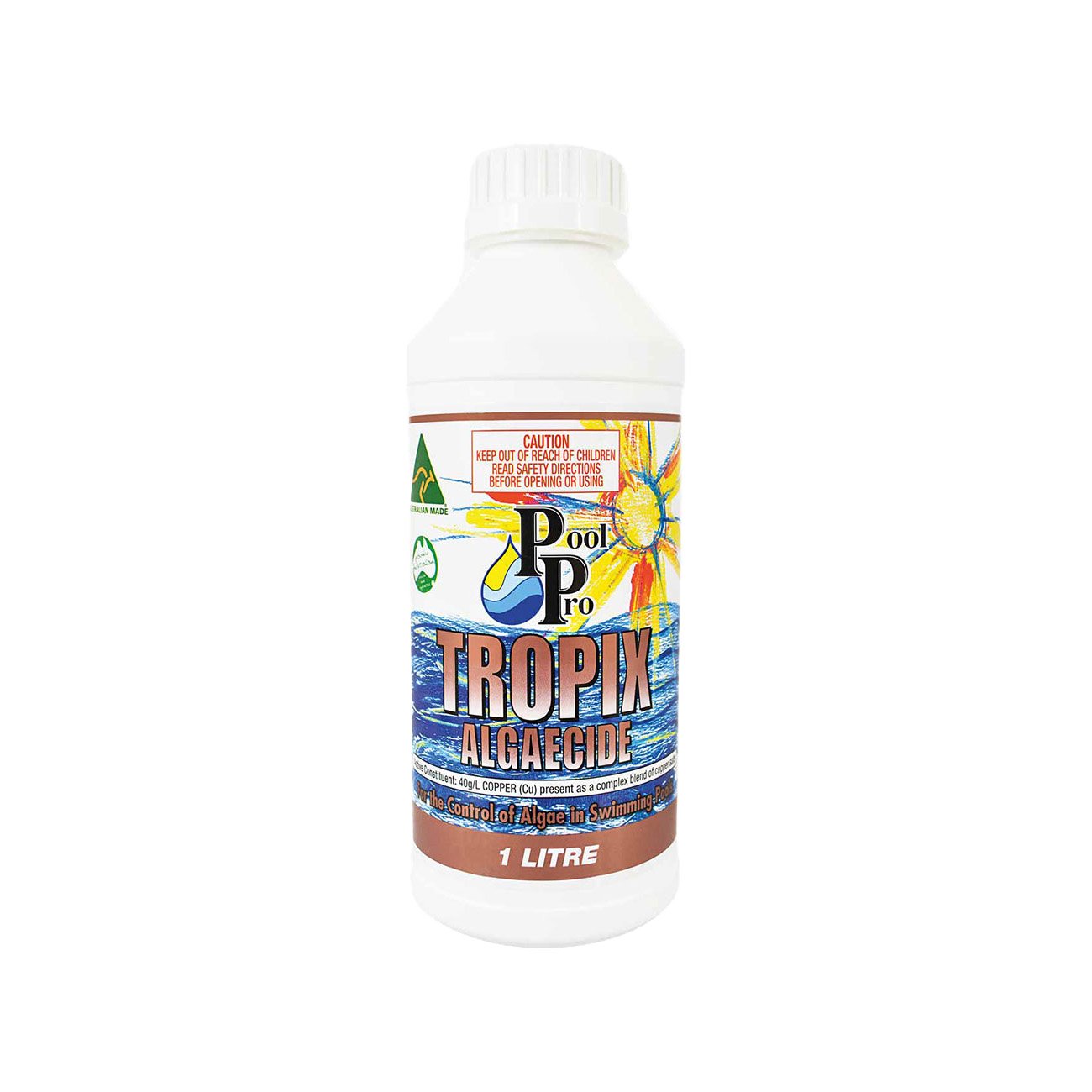 White bottle of Tropix Algaecide for pool maintenance by Pool Pro, labeled in English, 1 liter size.