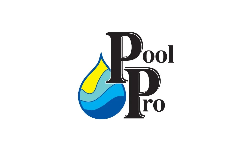 Logo for Pool Pro with stylized water droplet design in blue and yellow shades.