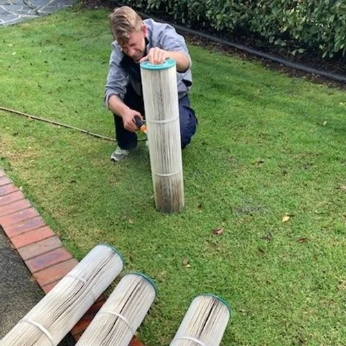 Person cleaning pool filter cartridges on grass lawn