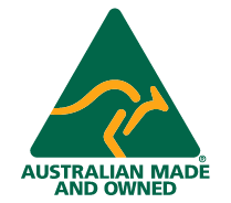 Australian Made and Owned logo with a kangaroo and green triangle