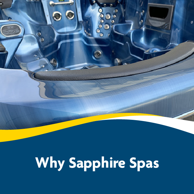 Close-up of a blue hot tub interior with jets, featuring text "Why Sapphire Spas."