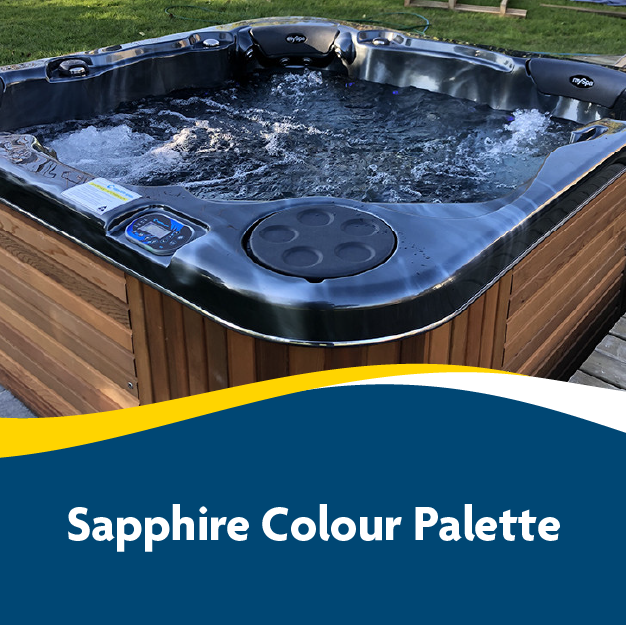 Outdoor hot tub with bubbling water, wood paneling, and digital controls, promoting Sapphire color palette.
