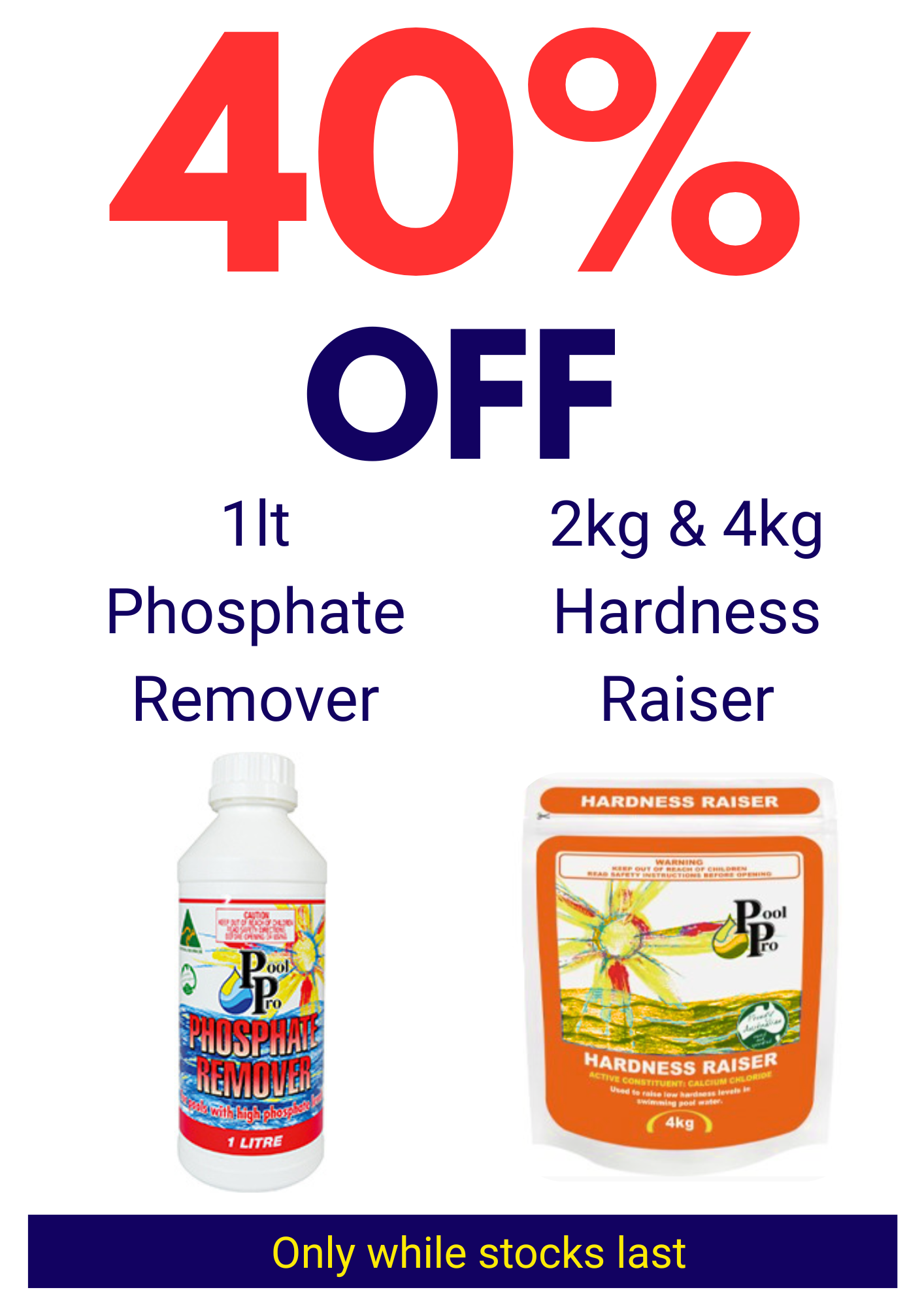 Poster with 40% off sale on pool chemicals, including 1 liter phosphate remover and 2kg and 4kg hardness raiser, with text noting offers only while stocks last.