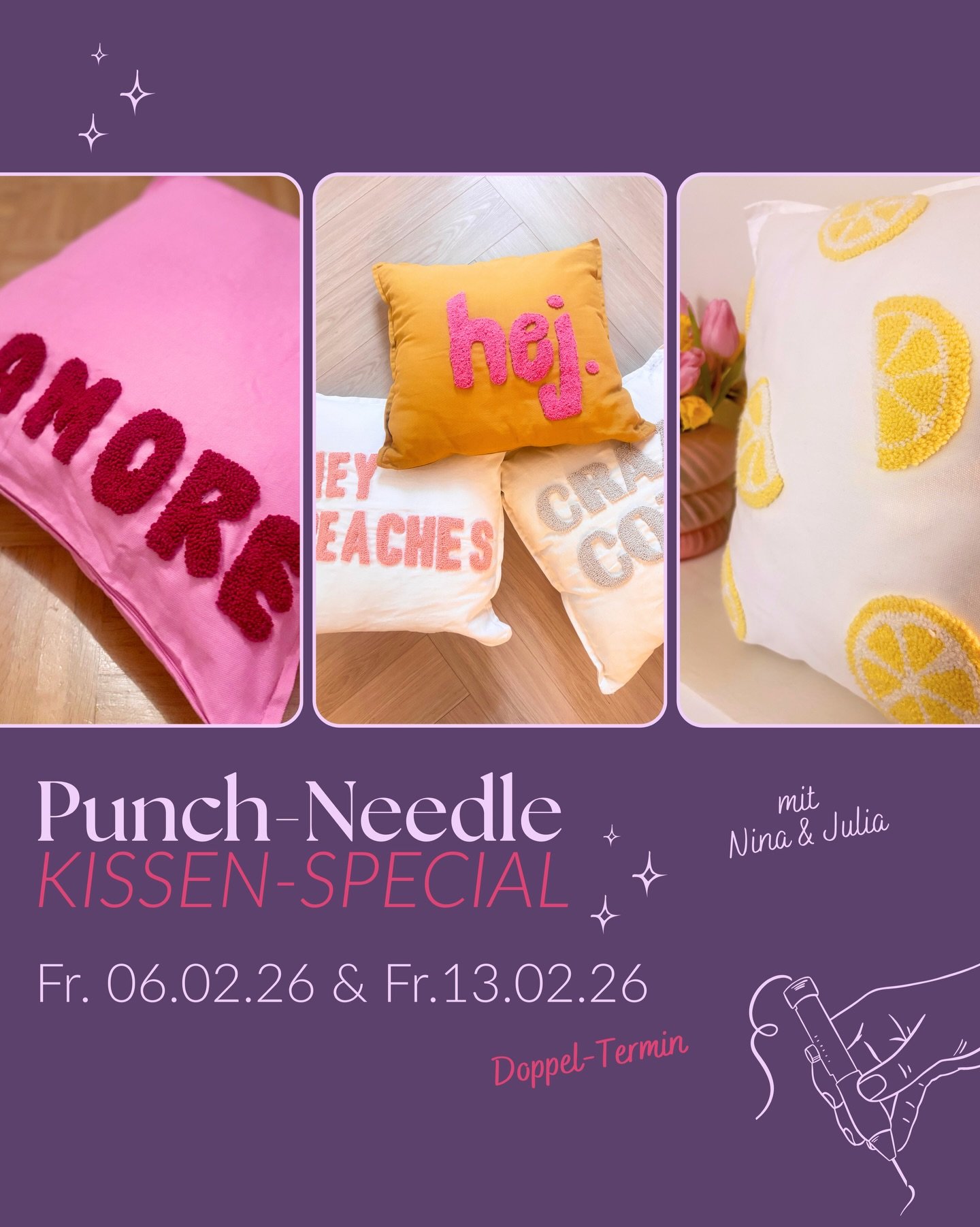 Punch-Needle Kissen-Special

In diesem zweiteiligen Punch-Needle-Workshop gestaltest du dein ganz pers&ouml;nliches Kissen, von der ersten Idee bis zum fertigen Lieblingsst&uuml;ck. An zwei zusammenh&auml;ngenden Terminen tauchen wir gemeinsam in die