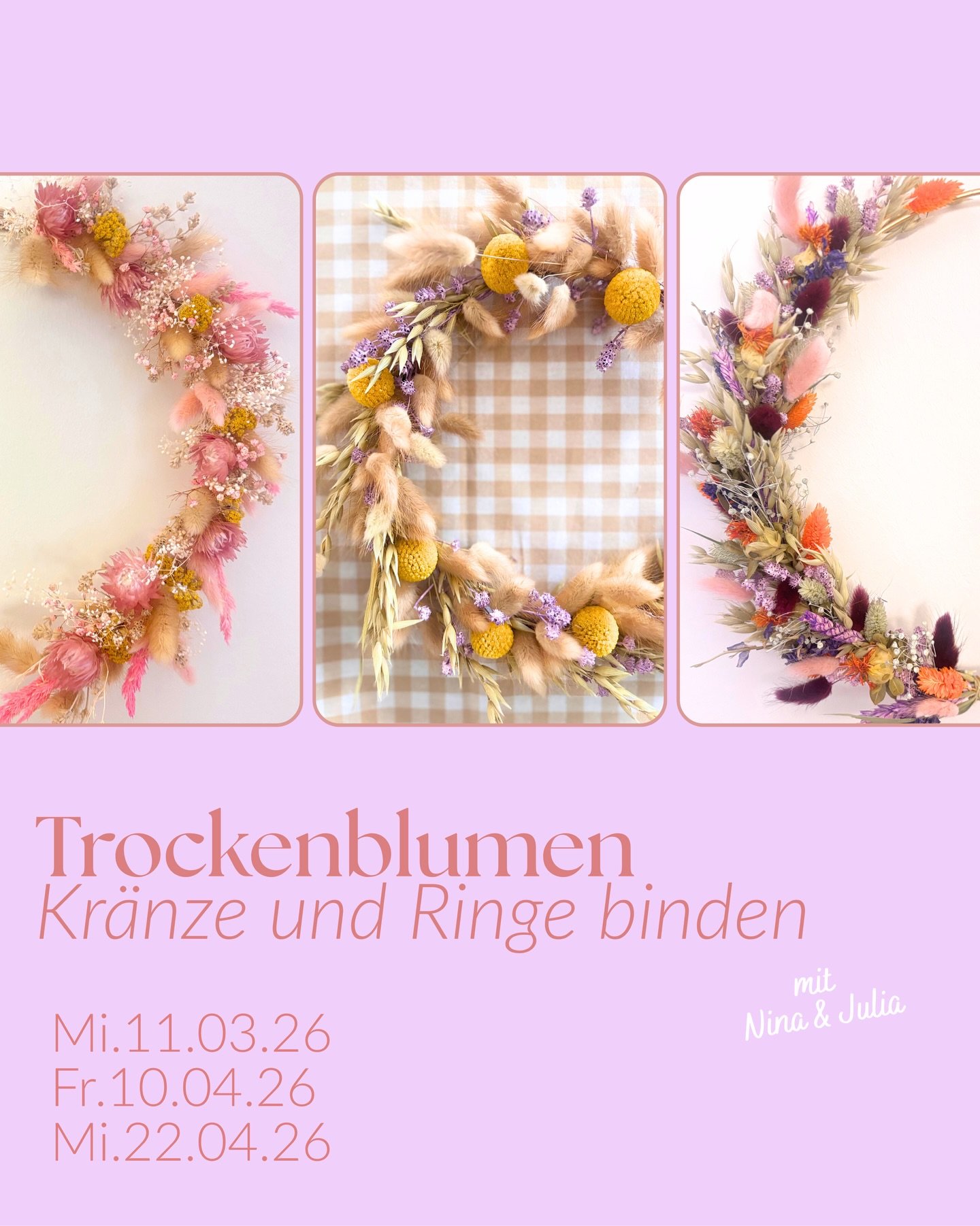 Trockenblumen &ndash; Kr&auml;nze &amp; Ringe binden 🌾✨
Lust auf eine kreative Auszeit? In unserem Trockenblumen-Workshop gestaltest du filigrane Kr&auml;nze oder Ringe. Von zart &amp; leicht bis farbenfroh &amp; kontrastreich.
Mit einer hochwertige