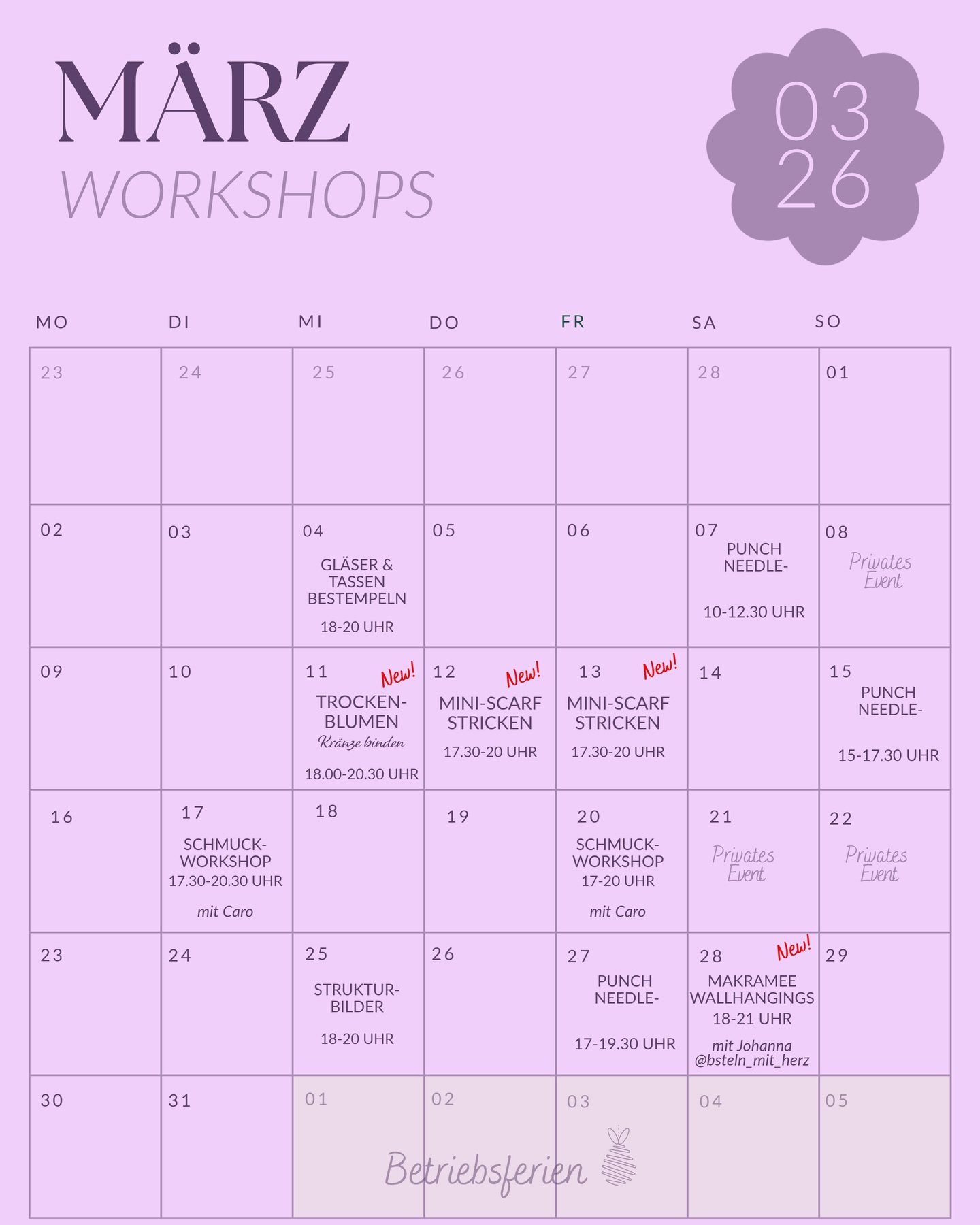 m M&auml;rz starten wir gemeinsam in einen kreativen Fr&uuml;hling 🌸

Freut euch auf eine bunte Mischung aus bew&auml;hrten Lieblingsworkshops und neuen Formaten, die wir erstmals im @kreativraum_braunschweig anbieten.

Von Trockenblumen-Kranzbinden